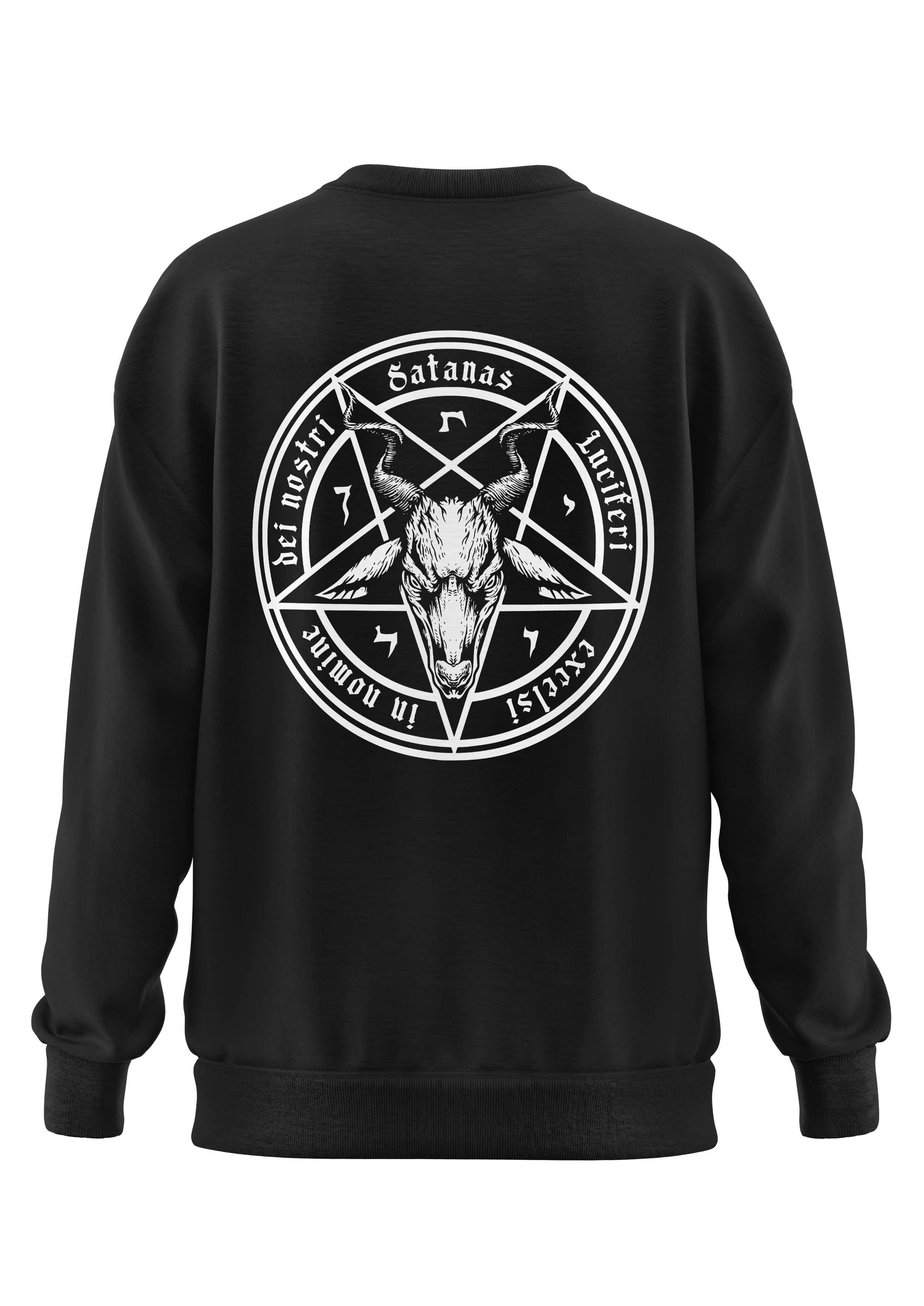 Schwarzes Unisex-Sweatshirt SATANAS mit weißem Pentagramm, Bockskopf und Lateintext, aus recyceltem Polyester